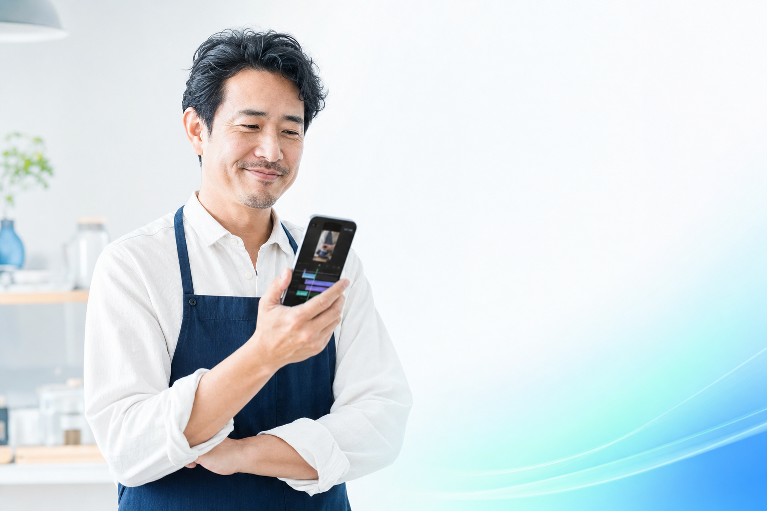 スマートフォンで店舗のSNSを確認する地域店舗のオーナー